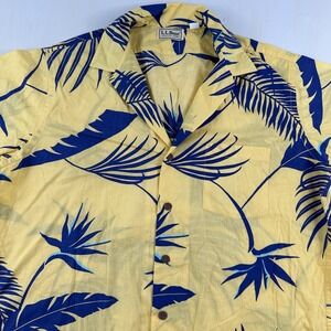 VTG LL Bean Short Sleeve Camp Shirt Men Large Yellow Blue Tropical Plants AOP‎